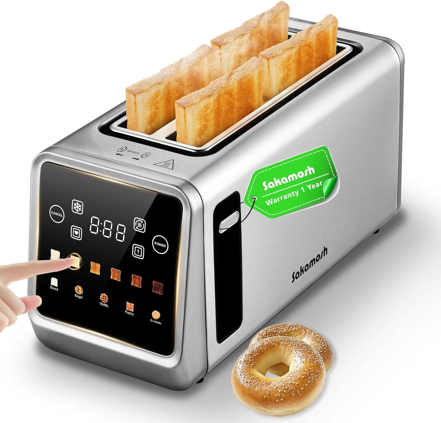 SAKAMOSH 4-Slice Smart Toaster - Touch Screen, 6 Browning Levels, Extra Wide Slots, Stainless Steel