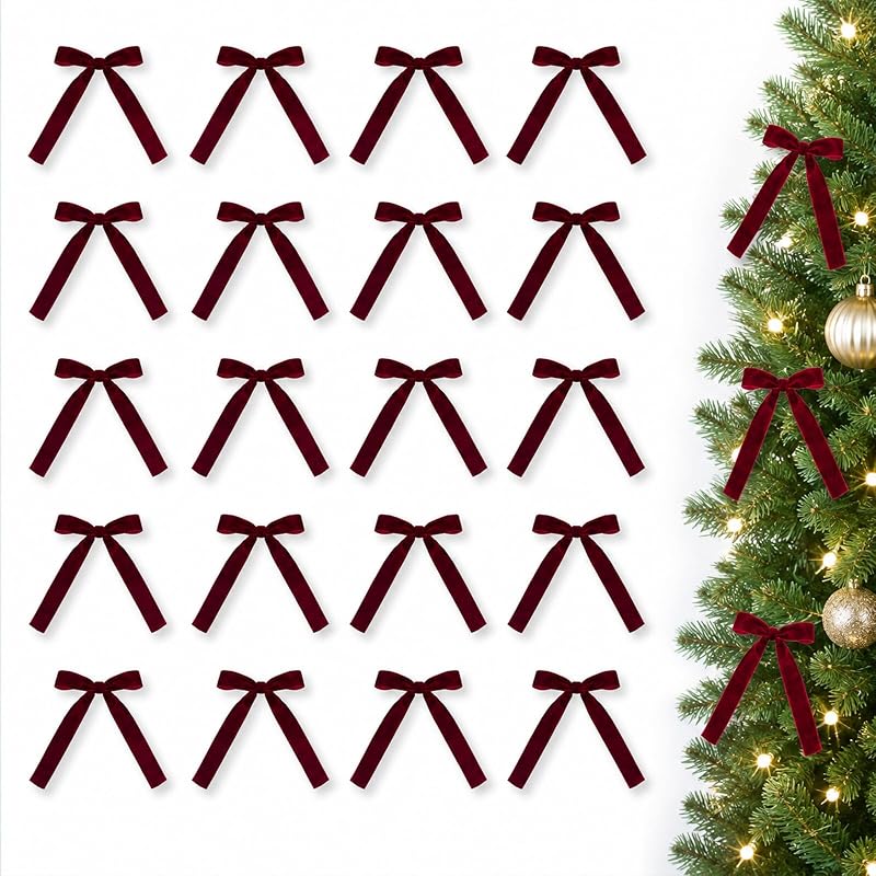 20-Pack Burgundy Velvet Christmas Tree Bows with Wire Backing - 5x7 Inches