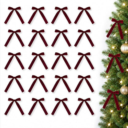 20-Pack Burgundy Velvet Christmas Tree Bows with Wire Backing - 5x7 Inches