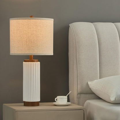 HGNPJC White Ceramic Table Lamp 3 Way Dimmable Nightstand Pottery Lamp Set of 2 with Oatmeal Shade 25" Modern Bedside Desk Lamp with USB A+C for Living Room Bedroom Farmhouse Dining Room Enterway