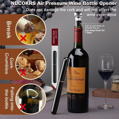 Air Pressure Wine Opener & Vacuum Stopper Set - NUCOKRS Pen Style Corkscrew with Foil Cutter, Opens in 3-7 Pumps, Preserves Wine Freshness, Idea Gift for Wine Lovers