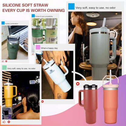 Skiennix Silicone Replacement Straws - 6 Pack for Stanley 20/30/40oz Cups | Reusable Long Straws with Cleaning Brush