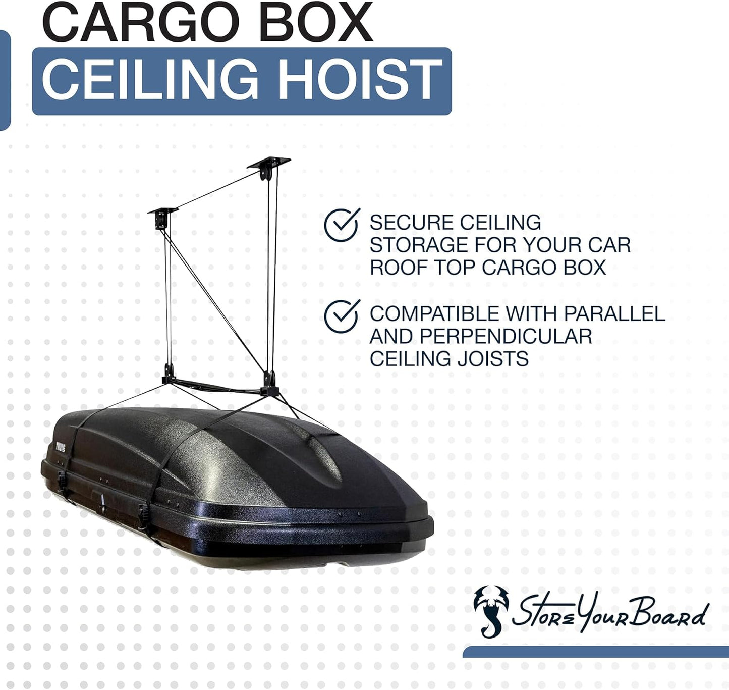 StoreYourBoard Cargo Box Pulley System - Heavy-Duty Garage Hoist for Rooftop Carriers | 150 lbs Capacity, Fits 8-10 ft Ceilings
