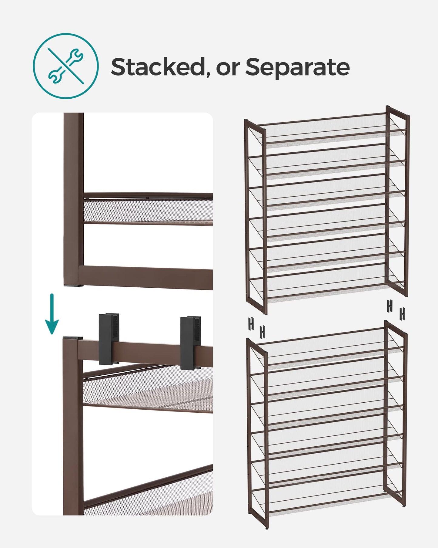 SONGMICS Shoe Rack, 12-Tier Shoe Organizer, Metal Rack for Garage, Set of 2, 6-Tier Stackable Shelf, with Adjustable Flat or Angled Shelves, Holds 48-60 Pairs, Bronze ULMR12A