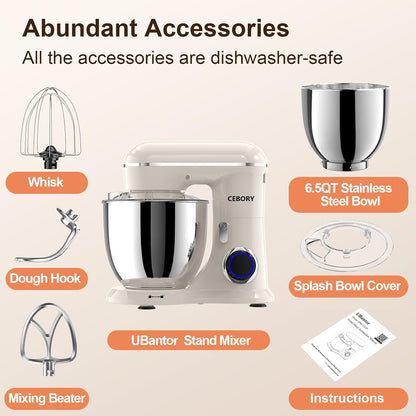 Skiennix 3-IN-1 Electric Stand Mixer - 6.5QT Bowl, 660W, 10-Speed for Baking & Cooking - Almond Cream