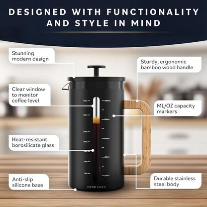 Home Hero French Press Coffee Maker - 34 oz Heat Resistant Borosilicate Glass with Bamboo Handle | 4 Layer Filter, Black