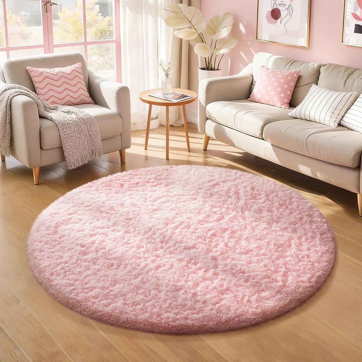 Ophanie Pink Round Rug - Fluffy Kawaii Shag Area Rug for Kids & Teens | 4Ft Plush Carpet for Bedroom Decor