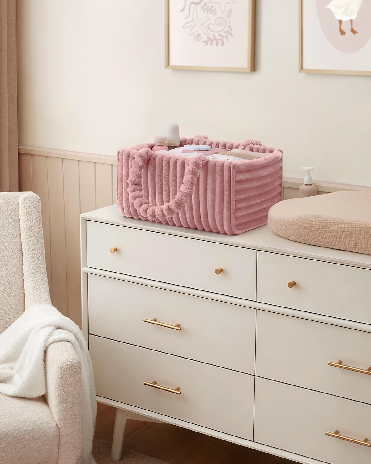 Blissful Diary Flannel Diaper Caddy Organizer - Cozy Nursery Storage Basket in Blush Pink | Perfect Baby Shower Gift