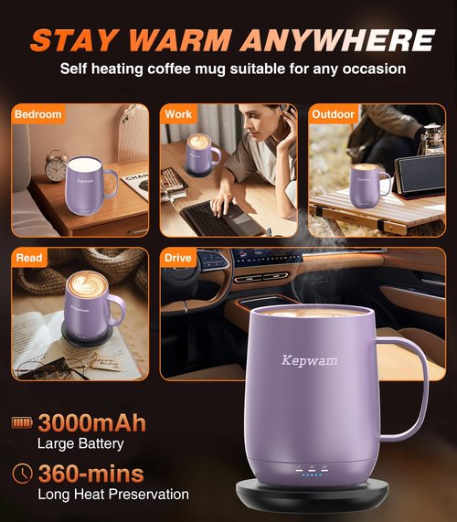 Kepwam Self Heating Coffee Mug, 16oz Smart Heated Coffee Mug, 150 Min Battery Life - Hot up to 149℉ Temperature Control Coffee Mug Warmer, Gifts for Women and Men