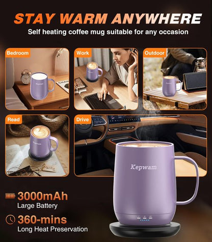 Kepwam Self Heating Coffee Mug, 16oz Smart Heated Coffee Mug, 150 Min Battery Life - Hot up to 149℉ Temperature Control Coffee Mug Warmer, Gifts for Women and Men