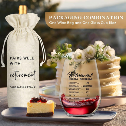 Retirement Gifts for Women Men, Funny Retirement Wine Glass and Wine Bag Set, Best Retired Gifts for Friends Cowkers Doctors Nurses Teachers Boss-PAIRS WELL WITH RETIREMENT