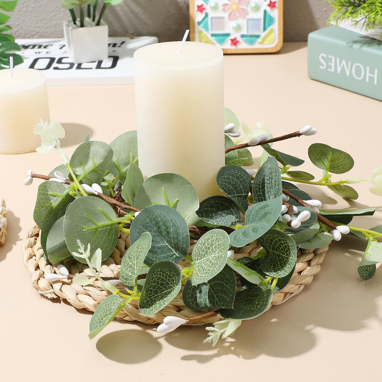 Zerodeko Easter Candle Ring Set - Eucalyptus Leaves Wreath Pillar Holders | Mini Green Decor 8cm