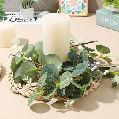 Zerodeko Easter Candle Ring Set - Eucalyptus Leaves Wreath Pillar Holders | Mini Green Decor 8cm