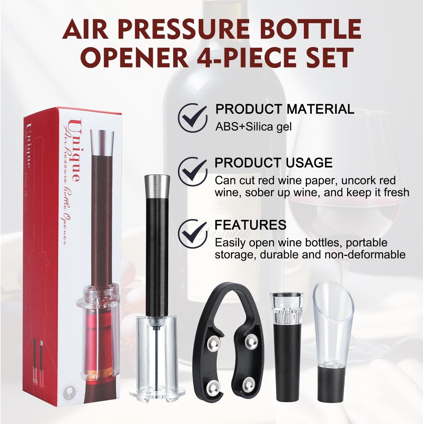 Wino on the Go Wine Opening Set, Air Pump Wine Bottle Opener Set, The Perfect Wine Opener, Wine Aerator Pourer Spout, Momentum Wine Opening Set, Wine Opener Pump(Aluminum head,Black)
