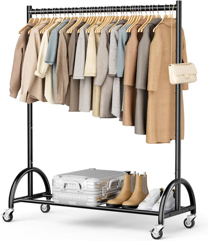 MISSLO Heavy Duty Clothing Rack - Rolling Garment Rack for Coats & Dresses - Black Finish
