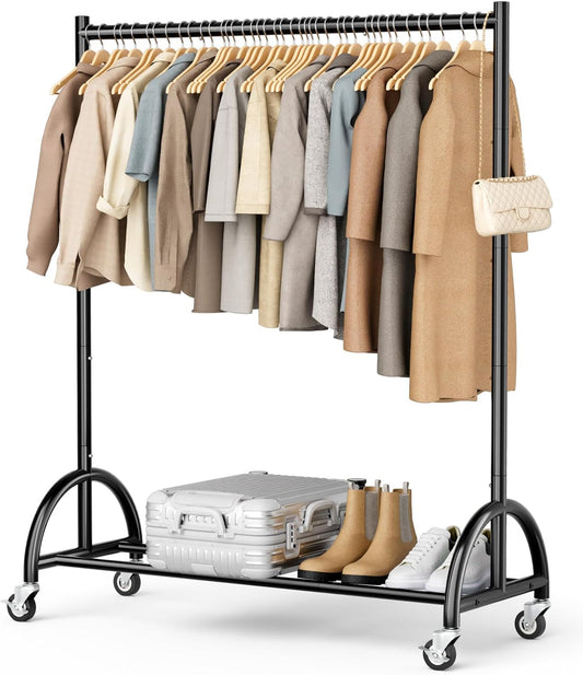 MISSLO Heavy Duty Clothing Rack - Rolling Garment Rack for Coats & Dresses - Black Finish