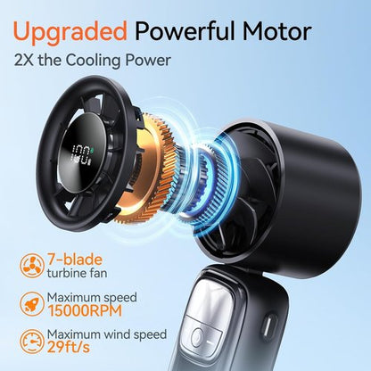 KIMMOO 3-in-1 Portable Handheld Turbo Fan - 100 Speeds, 15000 RPM, 10-Hour Cooling, LED Display | Black Mini Travel Fan