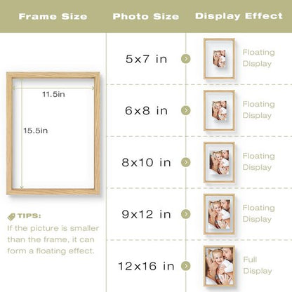 12x16 Floating Picture Frame - Solid Wood Frame for Pressed Flower - Real Glass of Front - Use as 8.5x11 or 11x14 Picture Frame - for Wall Mount Display (Natural Wood, 1 Pack)