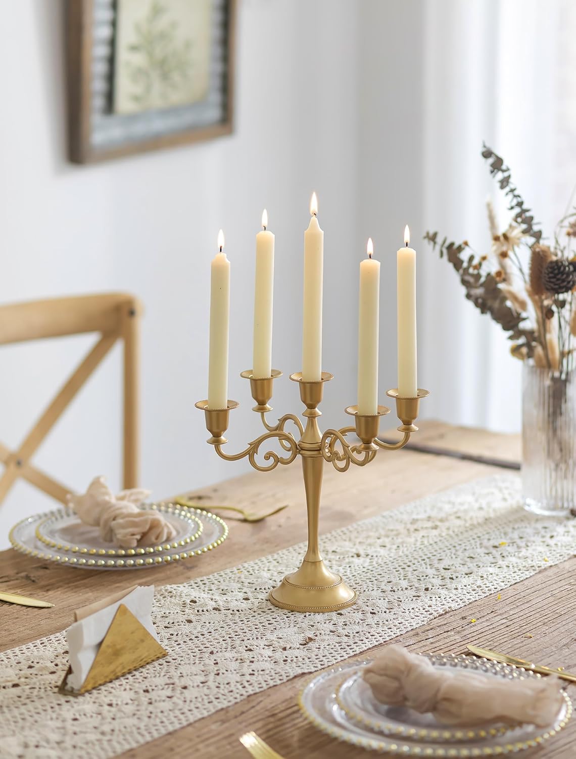 Sziqiqi Gold Candelabra | Elegant 10-Inch Centerpiece Candle Holder for Taper Candlesticks - 5 Arms Metal Design for Weddings & Dining Tables