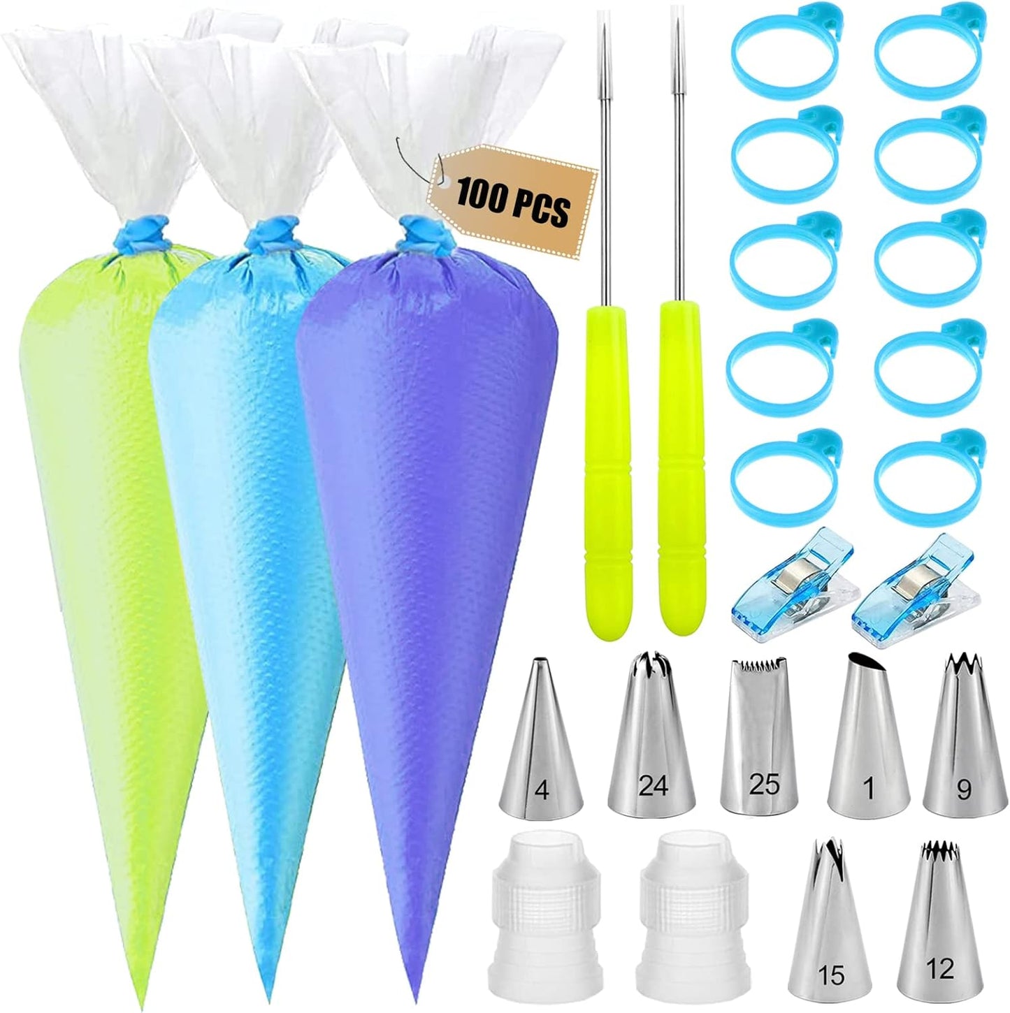 Wilton Piping Bags and Tips Set - 100 Disposable 12-Inch Bags with 7 Frosting Tips & Accessories
