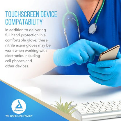 Dynarex Safe-Touch Disposable Nitrile Exam Gloves, Powder-Free, Latex-Free, Touchscreen Friendly, Used by Professionals, Blue, Medium, 1 Case, 10 Boxes of 100 Gloves