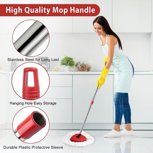 Hibaby 2 Spin Mop Head Replacement, 1 Base, 1 Mop Handle (30-58in) Combo Mops Set Compatible with OCedar EasyWring RinseClean Microfiber Mops (White (1-Tank System))