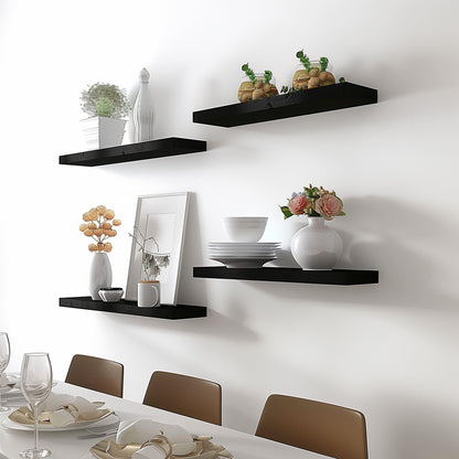 YFYEO Black Wood Floating Shelves for Wall Rustic Wall Shelf for Bedroom Living Room Set of 4