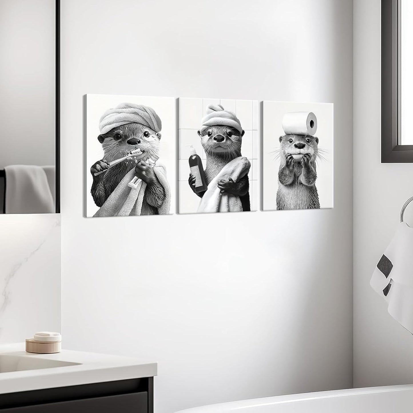 Skiennix Cute Bathroom Otter Canvas Wall Art - Set of 3 Black and White Prints | Funny Farmhouse Decor 12x16 Inch
