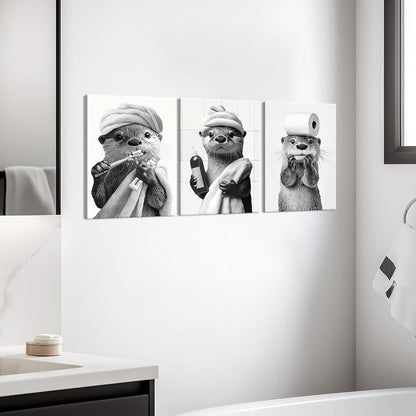 Skiennix Cute Bathroom Otter Canvas Wall Art - Set of 3 Black and White Prints | Funny Farmhouse Decor 12x16 Inch