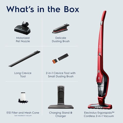 Electrolux Ergorapido Pet Cordless Vacuum Cleaner - 2-in-1 Design with Motorized Pet Nozzle | 48-Minute Run Time, Chili Red
