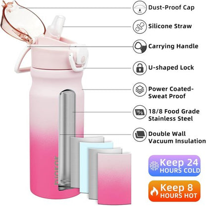 BJPKPK 18oz Insulated Water Bottle - BPA-Free Stainless Steel Thermal Flask with Straw | Cherry Blossom