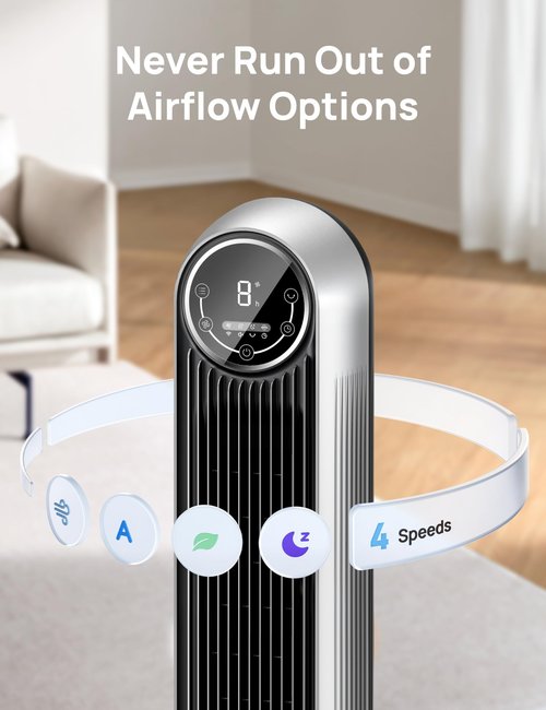 DREO Bladeless Tower Fan - 25ft/s, 4 Speeds, 4 Modes, 90° Oscillation, 8H Timer, Ultra Quiet for Bedroom, Indoors, Silver (Tower Fan 307)