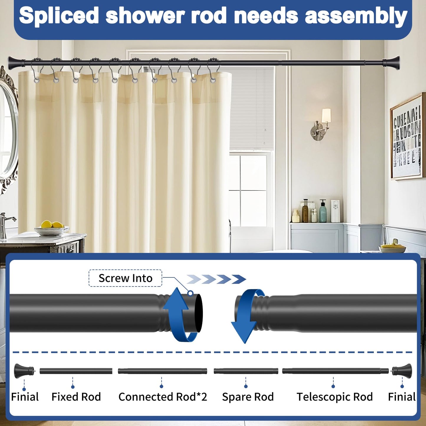 YNL Matte Black Shower Curtain Rod 36-84 Inch(3-7ft), No Slip No Drill Stainless Steel Spring Tension Curtain Rod, No Rust Shower Rod Adjustable For Bathroom Window Bedroom