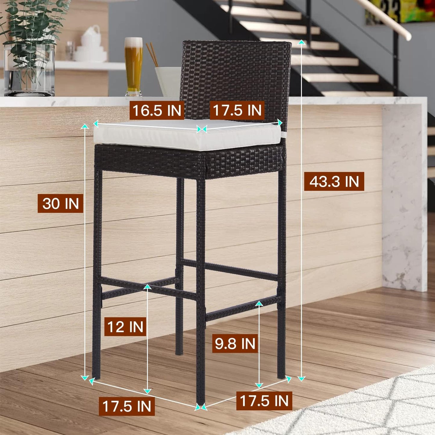 PayLessHere Rattan Bar Stools - Set of 2 Outdoor Wicker Chairs with Backrest & Cushion, Brown