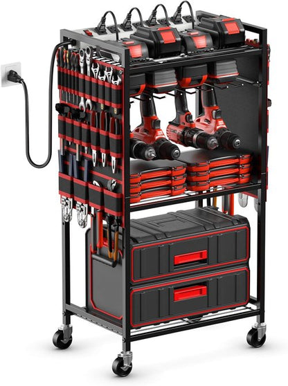 JUNNUJ Power Tool Organizer Cart - Heavy Duty Rolling Storage with Charging Station | Red