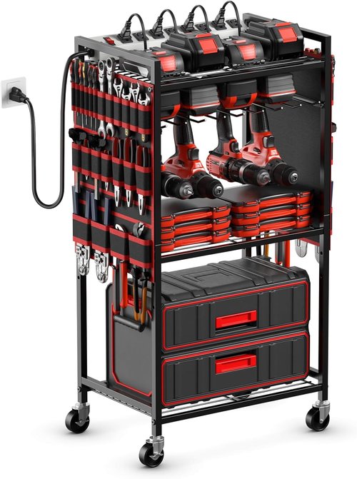 JUNNUJ Power Tool Organizer Cart - Heavy Duty Rolling Storage with Charging Station | Red