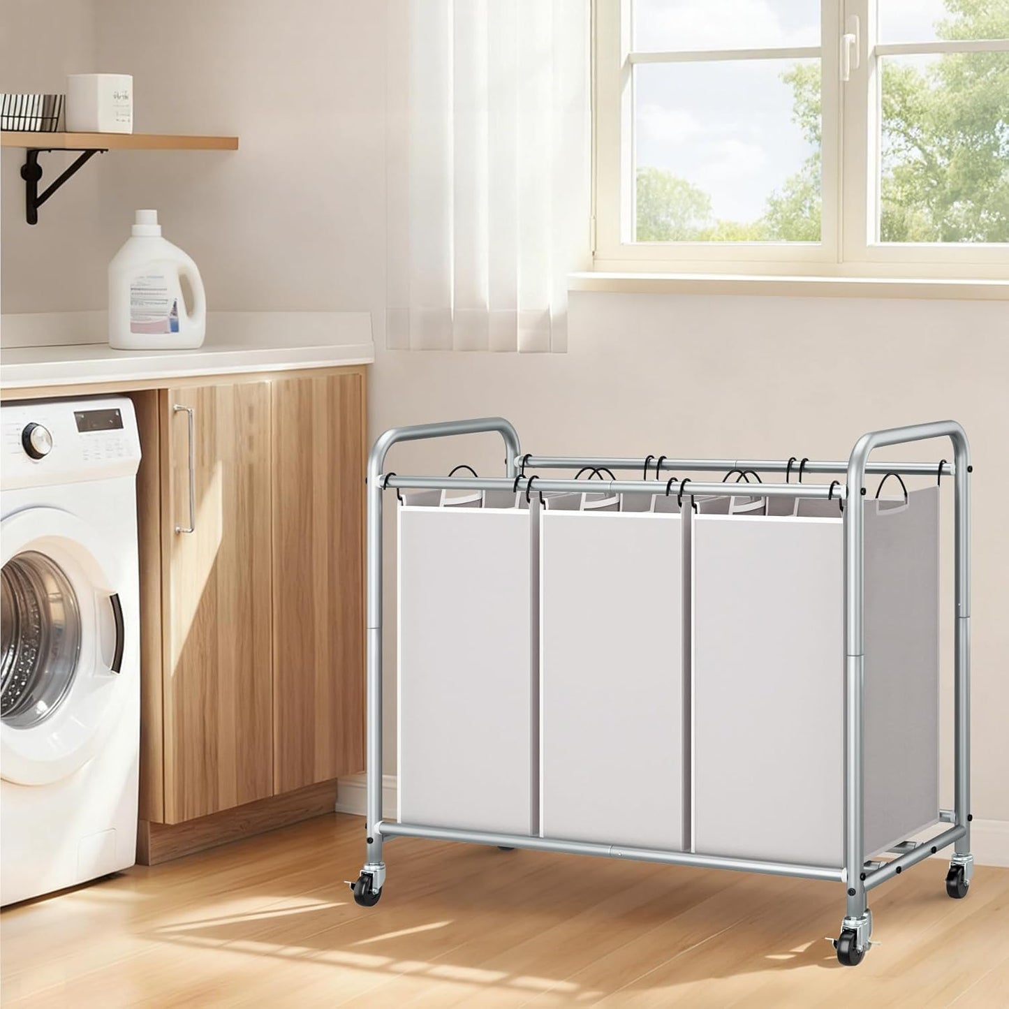 Storage Maniac 3-Section Laundry Sorter - 35.6 Gal Hamper Cart with Lockable Wheels & Removable Bags | Gray