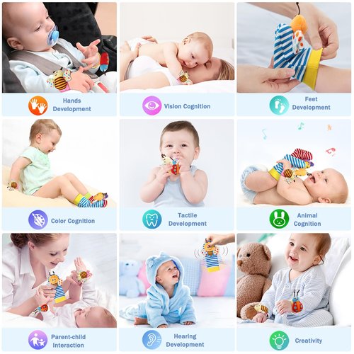 Bloobloomax Wrist Rattle Socks and Foot Finder Set, Infant Girl Boy Toys for Babies 0-36 Months, Newborn Hand & Foot Toys for 0 to 3 Years, Baby Shower Gifts Set Easter Basket Stuffer