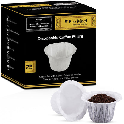 Pro Mael Disposable K Cup Coffee Filters 200 Count, Coffee Filter Paper for Keurig Brewers Single Serve 1.0 and 2.0, Use with Resusable K Cup Pods, White