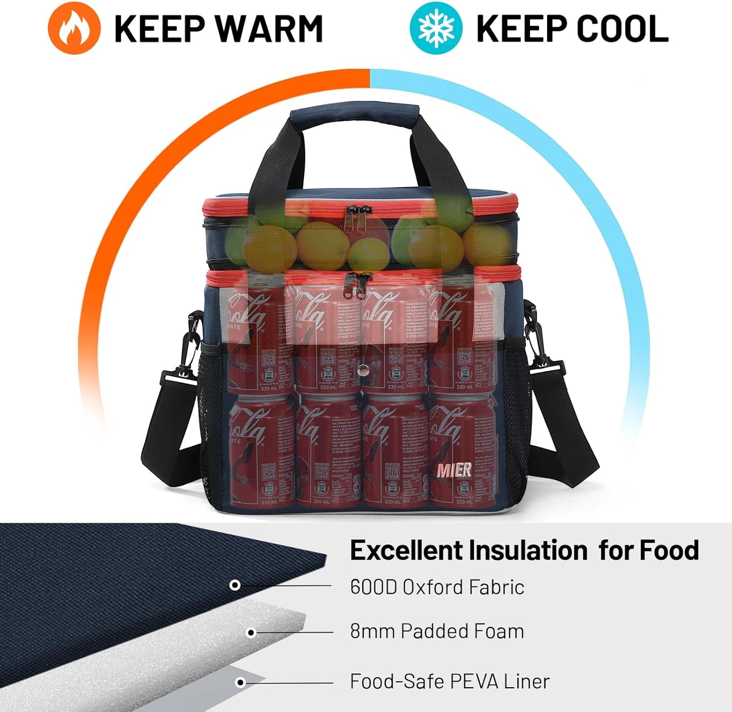 MIER Expandable 24L Lunch Bag - Double Layer Insulated Cooler Tote for Work & Travel | Navy Blue