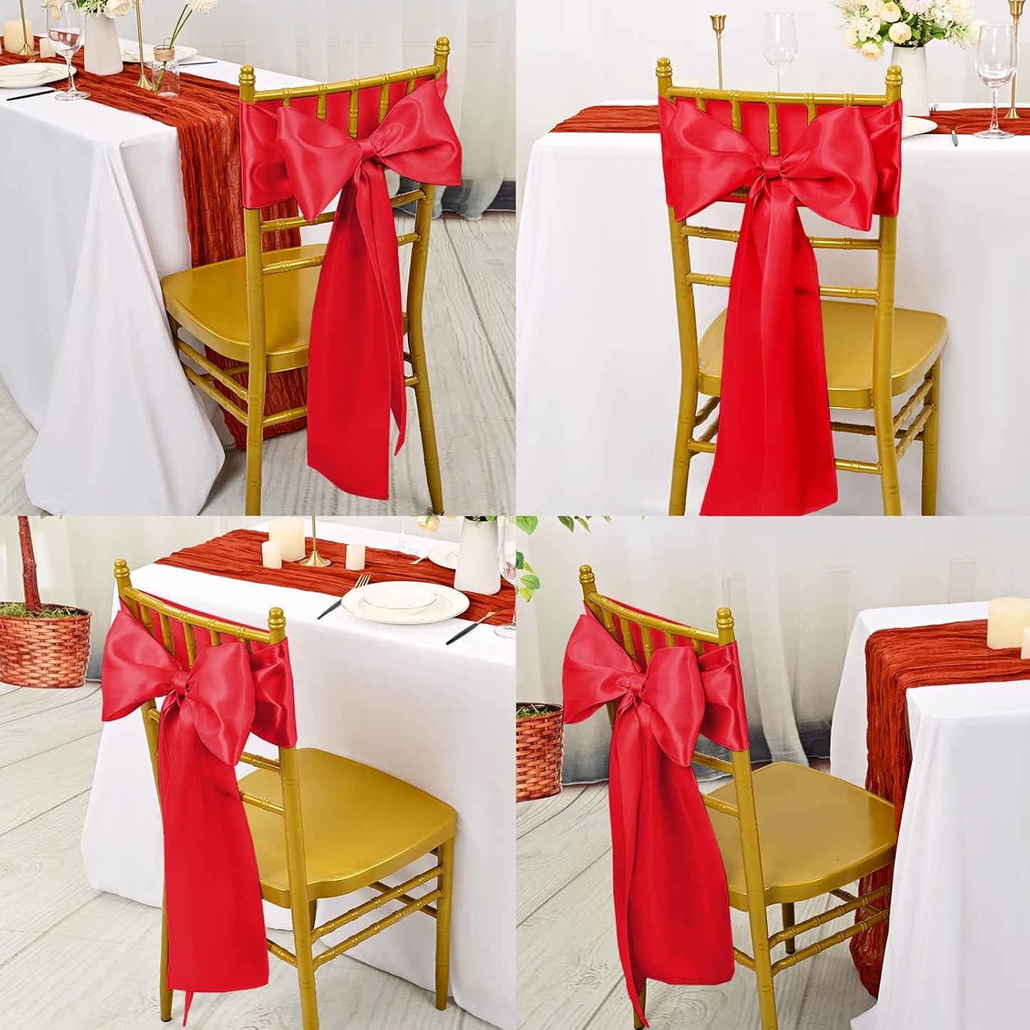 Showgeous 60 PCS Red Satin Chair Sashes - Elegant Bows for Wedding & Party Decor | 7 x 108 Inch