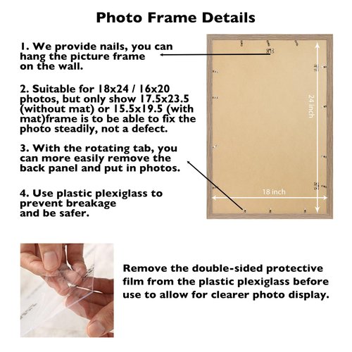 JCJMY 18x24 Picture Frame with 16x20 Mat, Display Photo 16x20 with Mat or 18 x 24 Without Mat, Wall Hanging Large 18 by 24 Poster Frame with Plexiglass, Rustic Brown