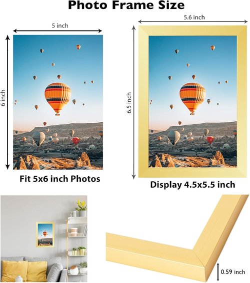 JCJMY 5x6 Gold Picture Frame - Versatile Wall & Tabletop Display with Shatter-Resistant Plexiglass