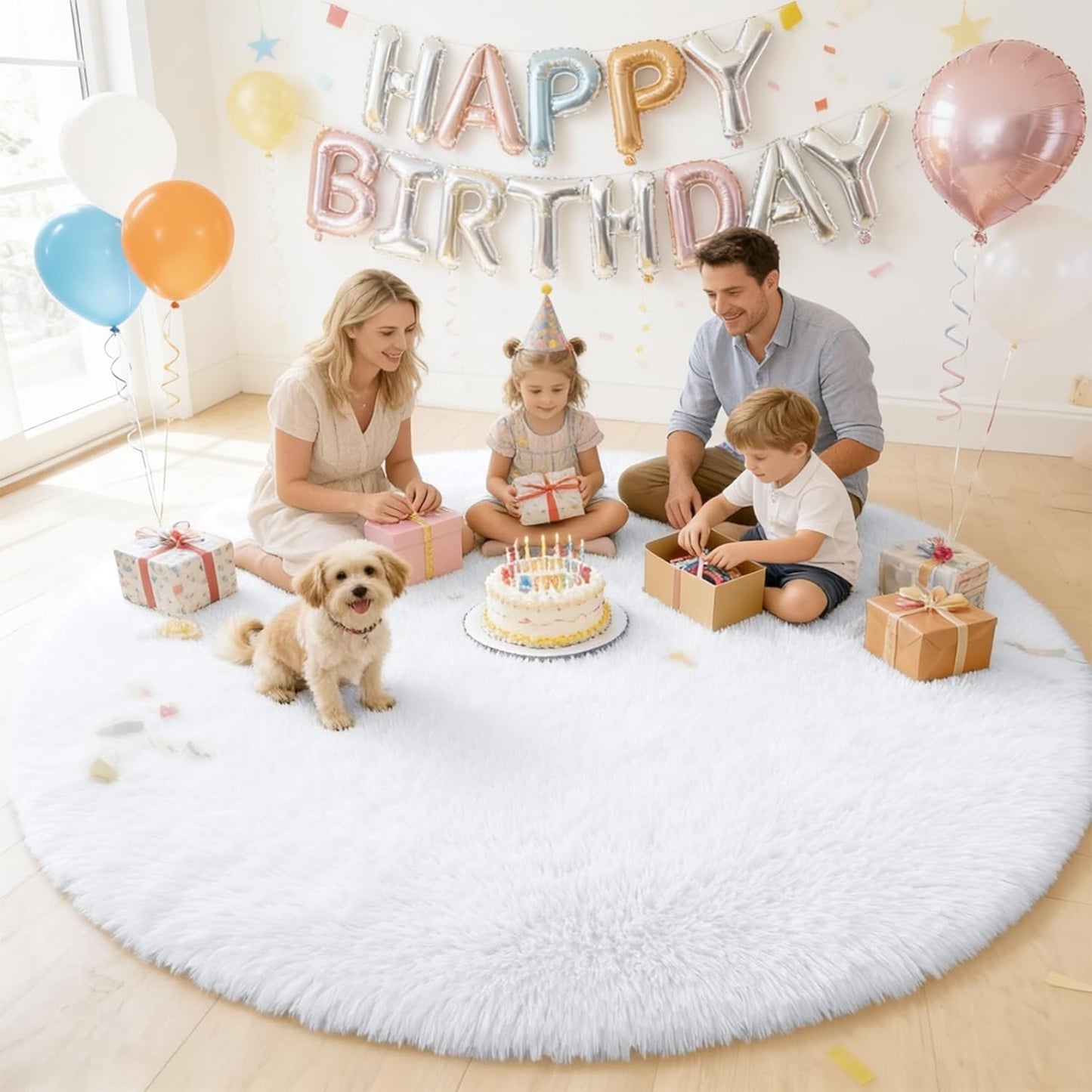 OLANLY Round White Area Rug - Soft & Fluffy 7 ft Machine Washable Carpet for Bedroom & Living Room Decor
