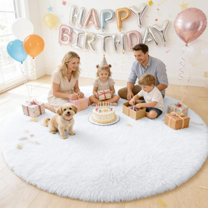 OLANLY Round White Area Rug - Soft & Fluffy 7 ft Machine Washable Carpet for Bedroom & Living Room Decor