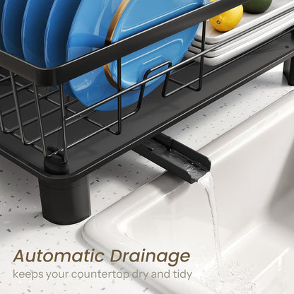 SNTD Dish Drying Rack - Stainless Steel Space-Saving Kitchen Rack with Utensil Holder | 11" W x 15" L (Black)