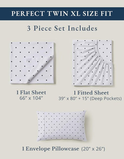LANE LINEN Twin XL Sheets Set - 100% Organic Cotton, Breathable Percale, 3-Piece - Black Polka Dot