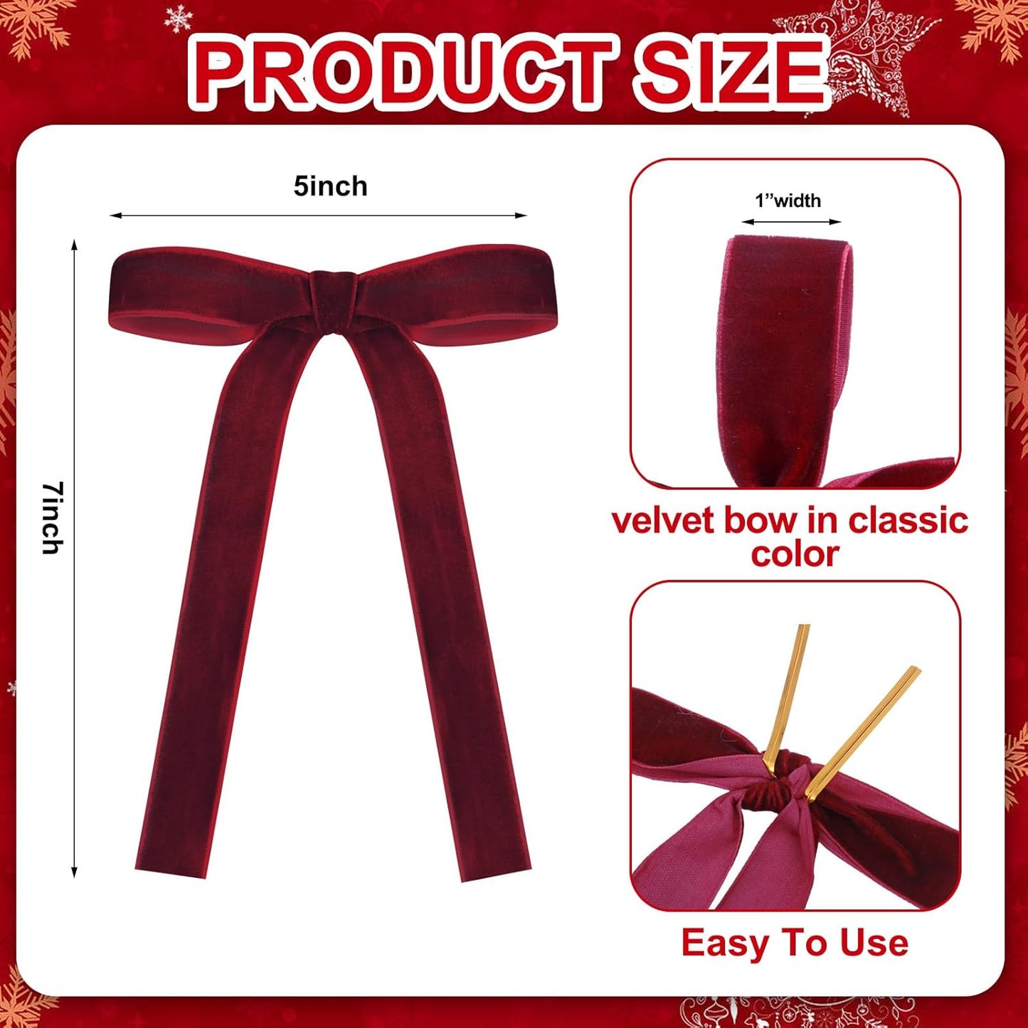 Skiennix 24 Pcs Velvet Bows - Vintage Ribbon Bows for Christmas Tree & Crafts | Burgundy, 5 x 7 Inch