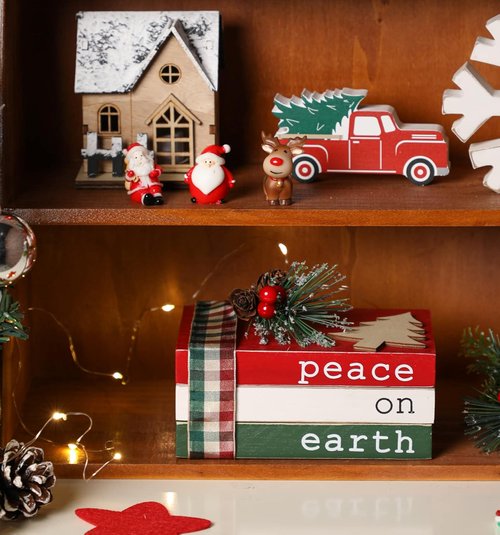 Christmas Wood Book Stack - Mini Faux Decorative Books with Pine Berry | Farmhouse Tiered Tray Decor