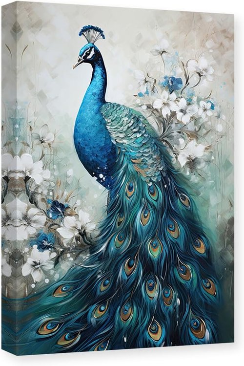 CXHOSTENT Peacock Canvas Wall Art - Vintage Blue Peacock & White Floral Decor | 24" x 36" Frame